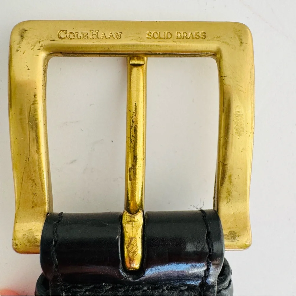 Cole Haan Men's Black Woven Leather Belt 36 Gold Brass Buckle Basketweave A08462